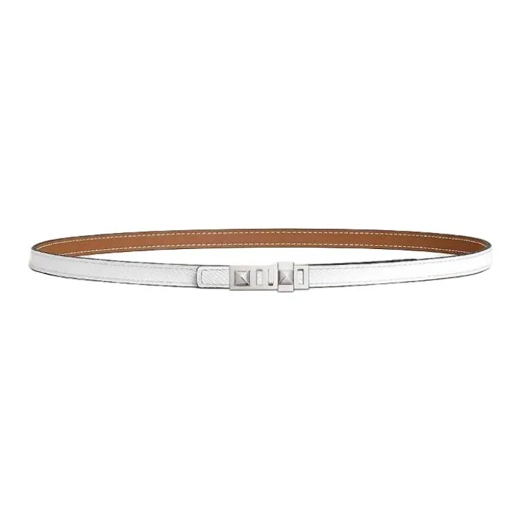 HERMES Calfskin, Palladium Plated Metal Leather Belts Women's Brown Width 1.3CM-1