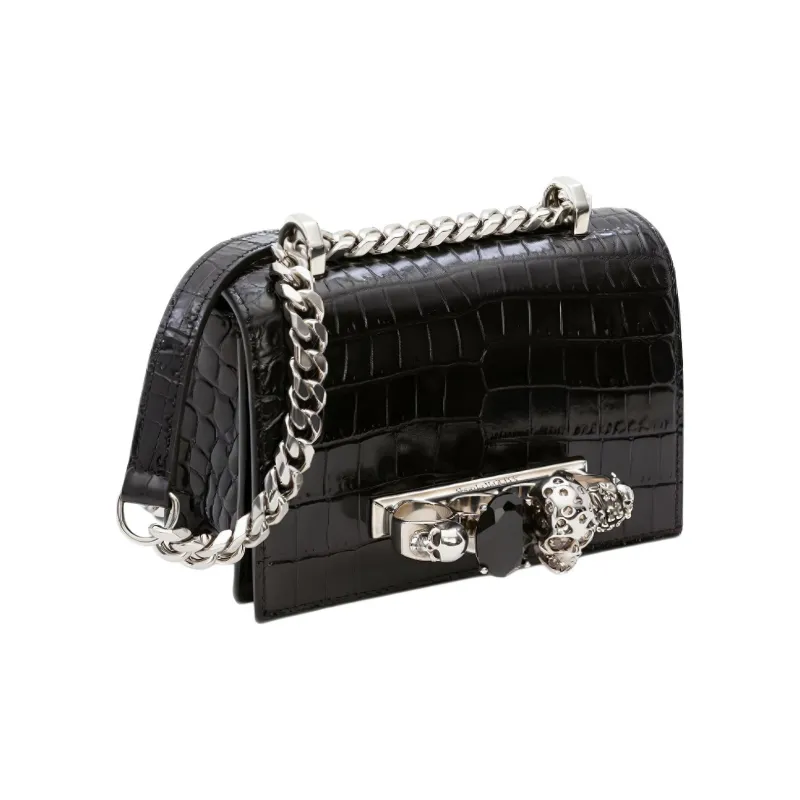 Alexander McQueen Crocodile Embossed Calfskin Handheld Shoulder Bag, Crossbody Bag Mini Women's Black-1