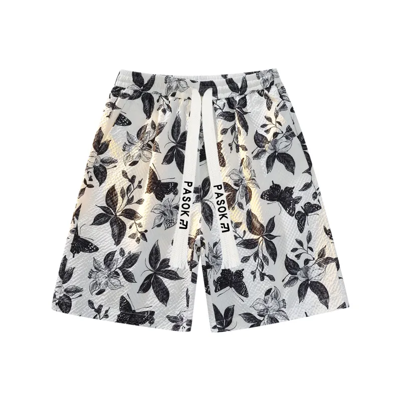 PASOK Casual Shorts Unisex PA013 Butterfly Flower Black White-0