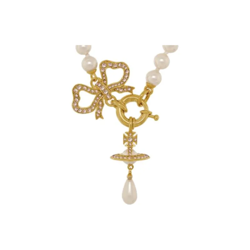 Vivienne Westwood Brass Saturn Bowknot Decoration Pearl Pendant Necklace Unisex Gold-1