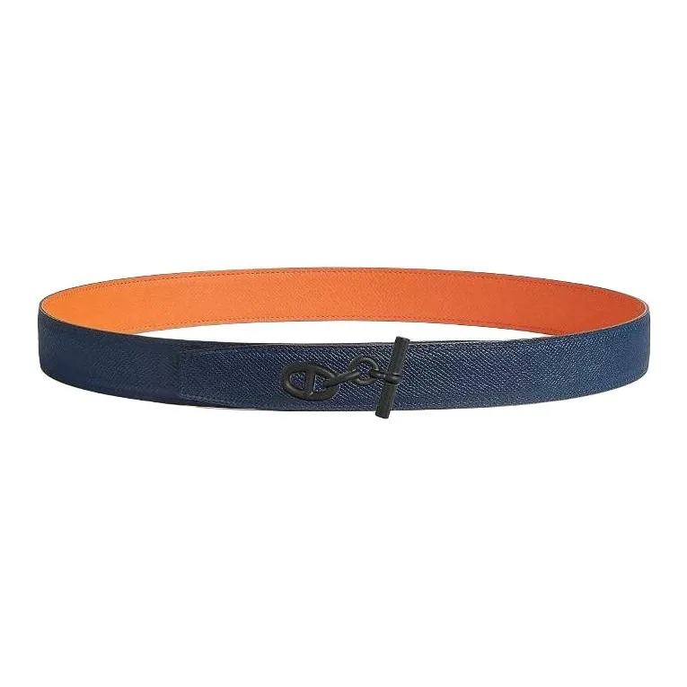 HERMES Calfskin, Stainless Steel Leather Belts Men's Orange 3.2CM-1