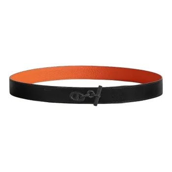 HERMES Calfskin Leather Belts Men's Black Orange Width 3.2CM
