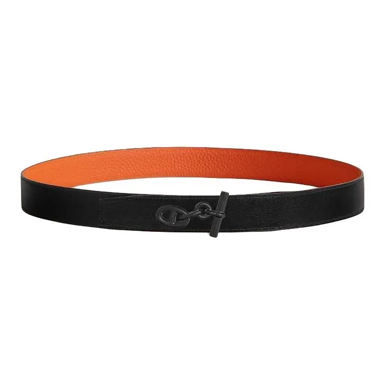 HERMES Calfskin Leather Belts Men's Black Orange Width 3.2CM-0