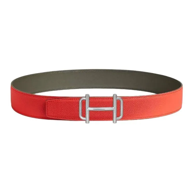 HERMES Calfskin Leather Belts Men's Gray Green/Orange Field Width 3.8CM-1