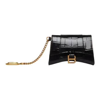 Balenciaga Hourglass Crocodile Pattern Embossed Cow Leather Card Holder Women's Black