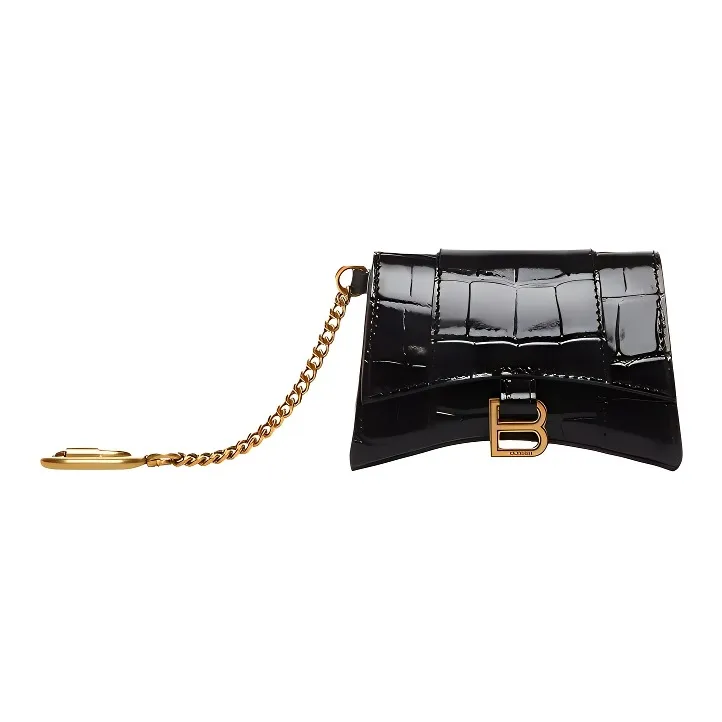 Balenciaga Hourglass Crocodile Pattern Embossed Cow Leather Card Holder Women's Black-0