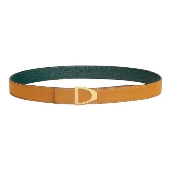 HERMES Gold Plated, Calfskin, Metal Leather Belts Women's Yellow Brown Width 2.4CM