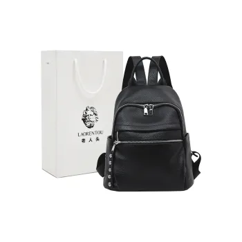 Old Man's Head Top Grain Cow Leather Backpack Women's Black