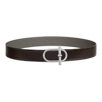 HERMES Calfskin, Metal, Palladium Plated Leather Belts Men's Brown 3.8CM