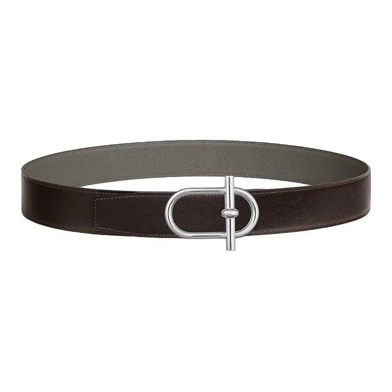 HERMES Calfskin, Metal, Palladium Plated Leather Belts Men's Brown 3.8CM-0
