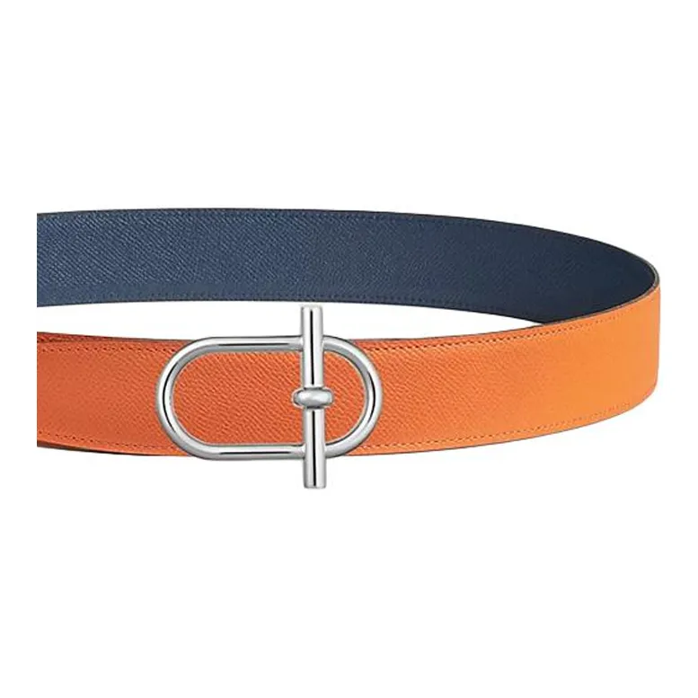 HERMES Calfskin Leather Belts Men's Blue Orange Width 3.8CM-2