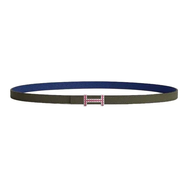 HERMES Calfskin Leather Belts Women's Veronica Green/Sapphire Blue Width 1.3CM-0