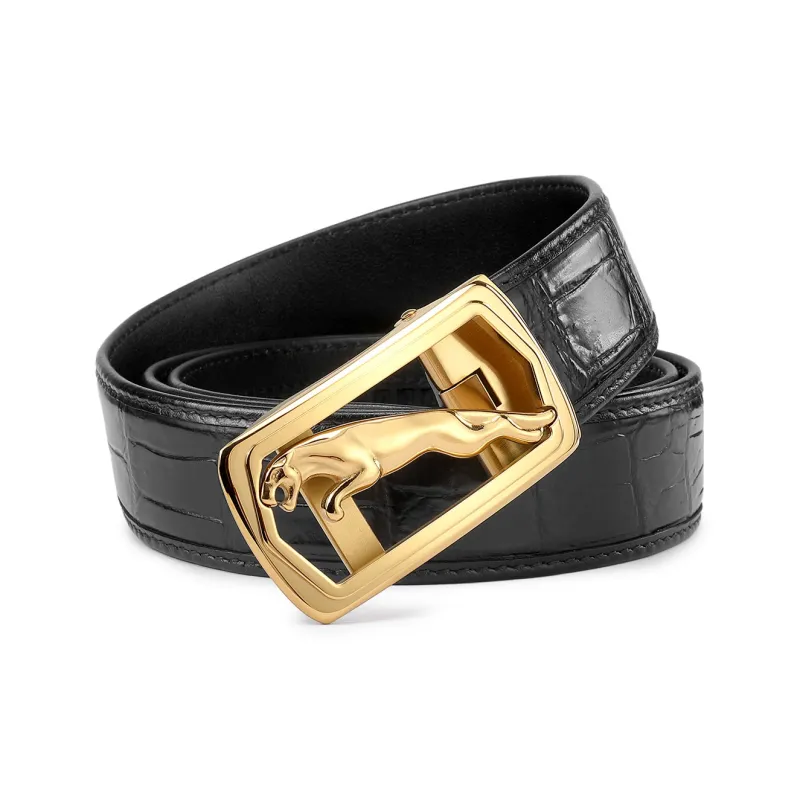 JAGUAR Crocodile Leather Belts Men's Black 3.40cm-1