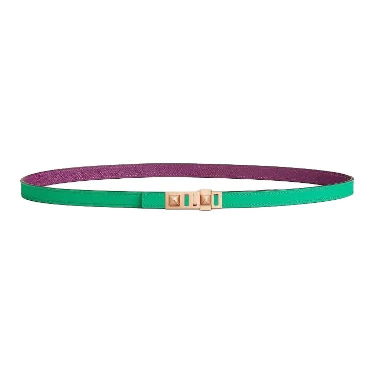 HERMES Calfskin Leather Belts Women's Green Purple Width 1.3CM-0
