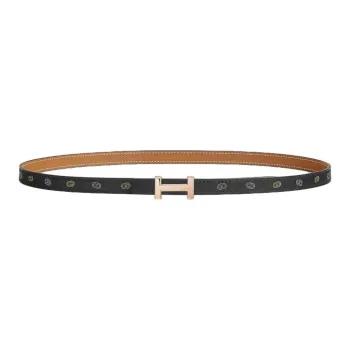 HERMES Calfskin, Rose Gold Plated Metal Leather Belts Women's Black Width 1.3CM