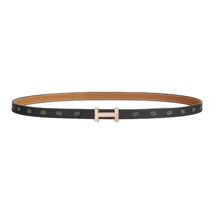 HERMES Calfskin, Rose Gold Plated Metal Leather Belts Women's Black Width 1.3CM-0