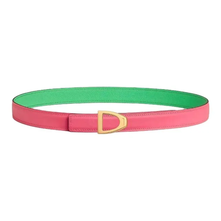 HERMES Gold Plated, Calfskin, Metal Leather Belts Women's Green Width 2.4CM-1