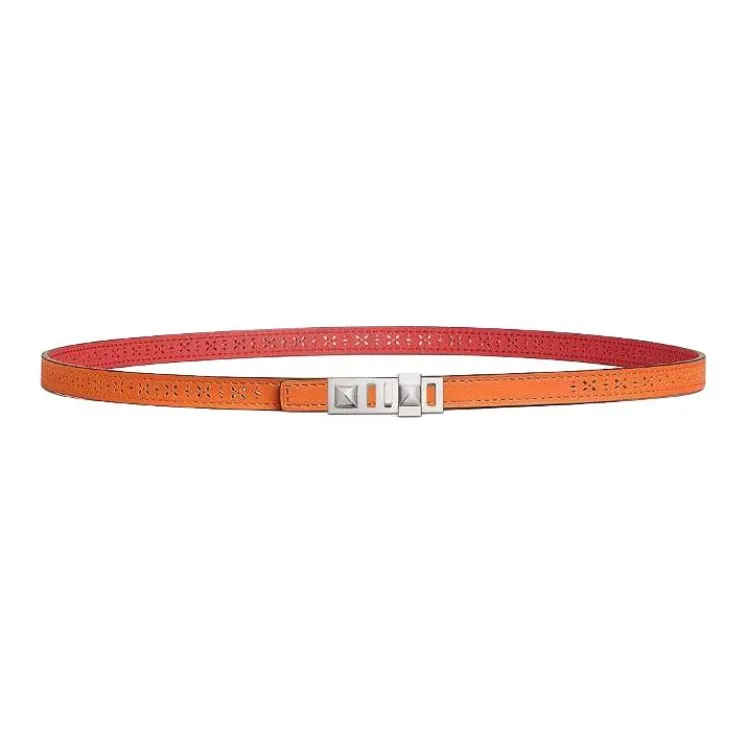 HERMES Calfskin, Palladium Plated, Leather, Metal Leather Belts Women's Orange Width 1.3CM-0