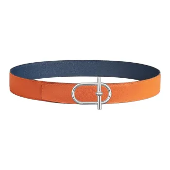 HERMES Calfskin Leather Belts Men's Blue Orange Width 3.8CM