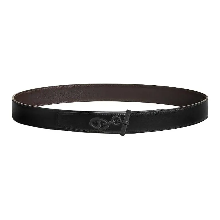 HERMES Calfskin Leather Belts Men's Black/Dark Brown Width 3.2CM-0