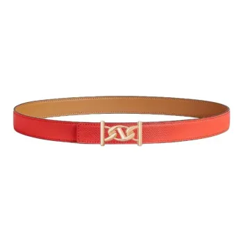 HERMES Rose Gold Plated, Metal, Calfskin Leather Belts Women's Red Width 2.4CM
