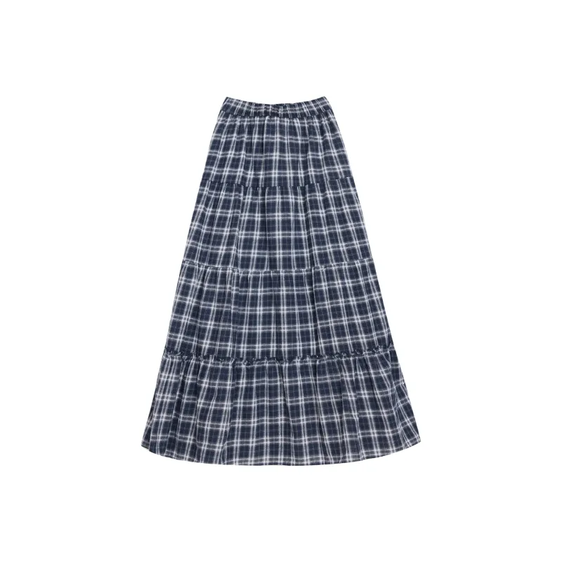 ZAZN Casual Long Skirts Women's Blue Plaid-1