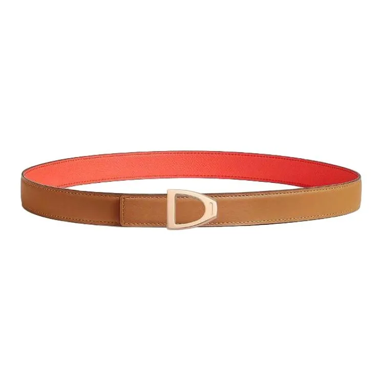 HERMES Calfskin, Metal, Rose Gold Plated Leather Belts Women's Brown Width 2.4CM-0