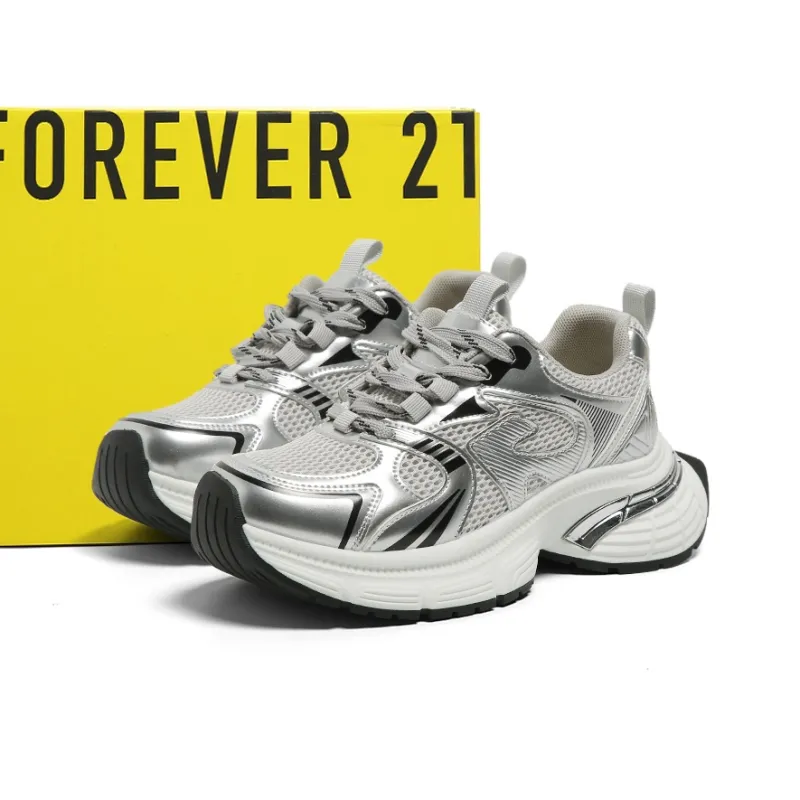 FOREVER 21 Shock Absorbers With Abrasion Resistant And Slip Resistant Properties Low Top Chunky Sneakers Women's Silver-1