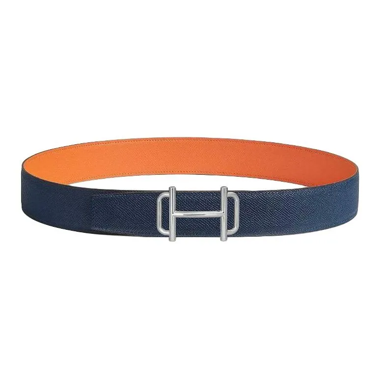 HERMES Metal, Calfskin, Palladium Plated Leather Belts Men's Orange 3.8CM-1