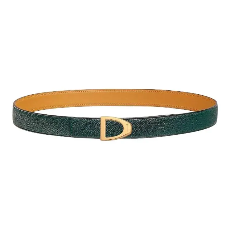 HERMES Gold Plated, Calfskin, Metal Leather Belts Women's Yellow Brown Width 2.4CM-1