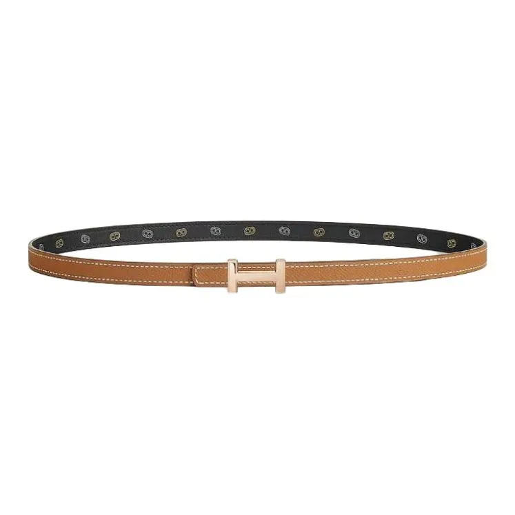 HERMES Calfskin, Rose Gold Plated Metal Leather Belts Women's Black Width 1.3CM-1