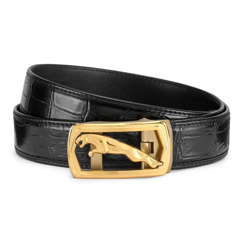 JAGUAR Crocodile Leather Belts Men's Black 3.40cm-4