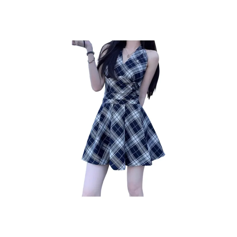ROBINHOOD Slip Dresses Women's Black White Plaid-0