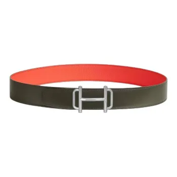 HERMES Calfskin Leather Belts Men's Gray Green/Orange Field Width 3.8CM