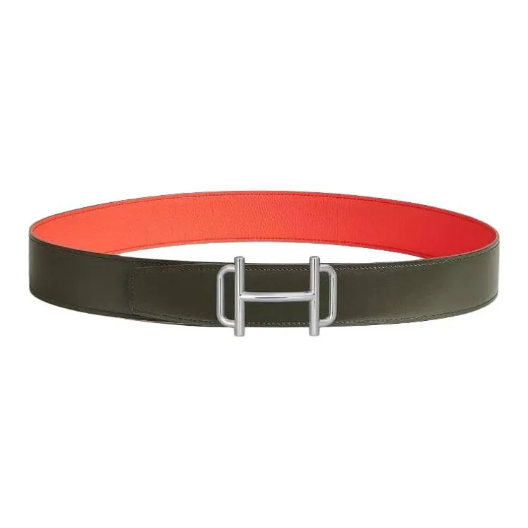 HERMES Calfskin Leather Belts Men's Gray Green/Orange Field Width 3.8CM-0