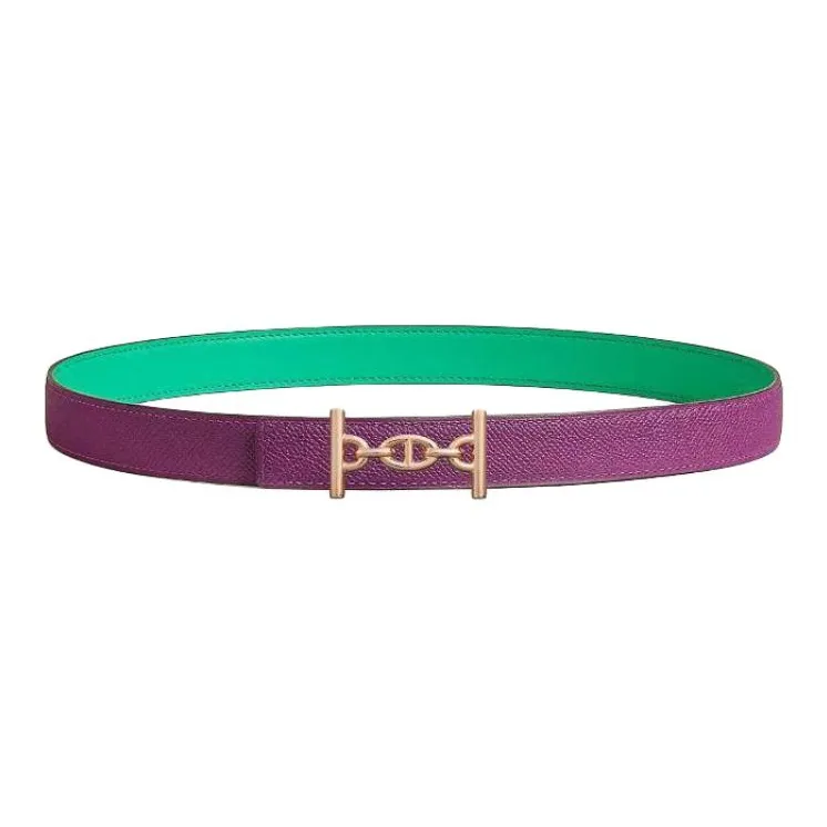 HERMES Calfskin Leather Belts Women's Green Purple Width 2.4CM-1