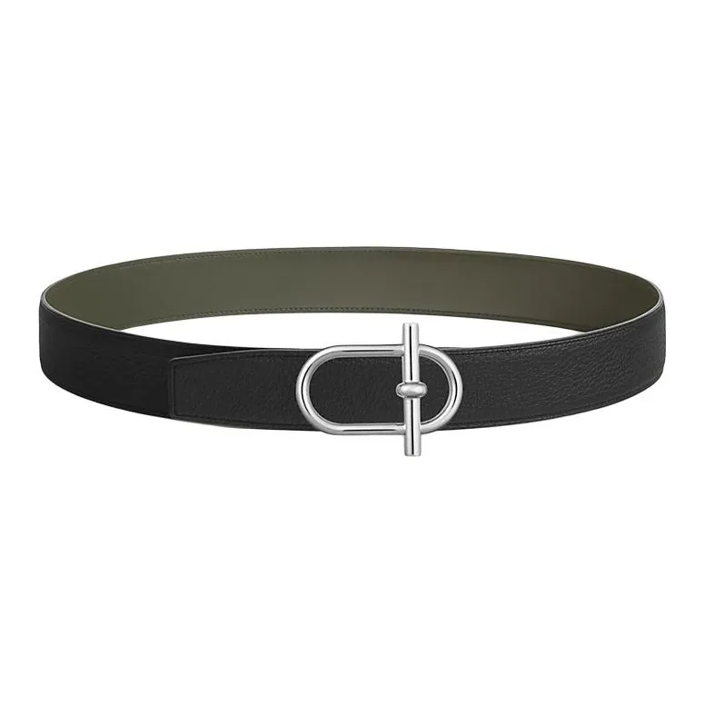 HERMES Palladium Plated Metal With Calfskin Leather Belts Women's Black Width 3.8CM-0