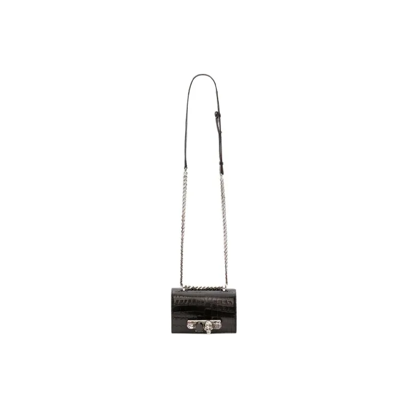 Alexander McQueen Crocodile Embossed Calfskin Handheld Shoulder Bag, Crossbody Bag Mini Women's Black-2