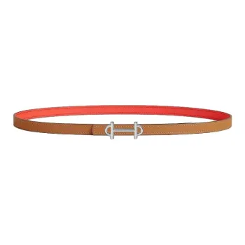 HERMES Palladium Plated Leather Belts Women's Brown Red Width 1.3CM
