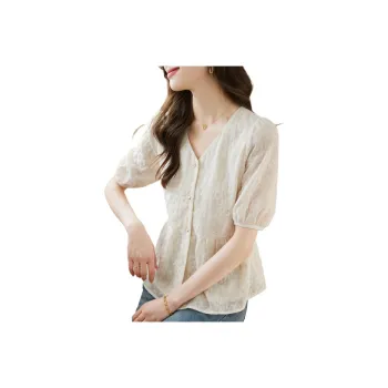 Still Quiet Sheer V Neck Refined Embroidery Shirt Women's