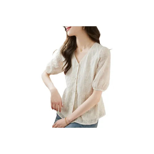 Still Quiet Sheer V Neck Refined Embroidery Shirt Women's