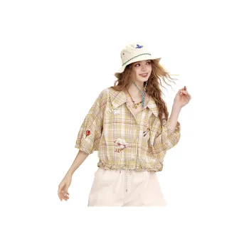ELF SACK Shirts Women's Urban Chic Style Yellow Gray Plaid