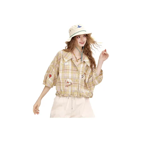 ELF SACK Shirts Women's Urban Chic Style Yellow Gray Plaid