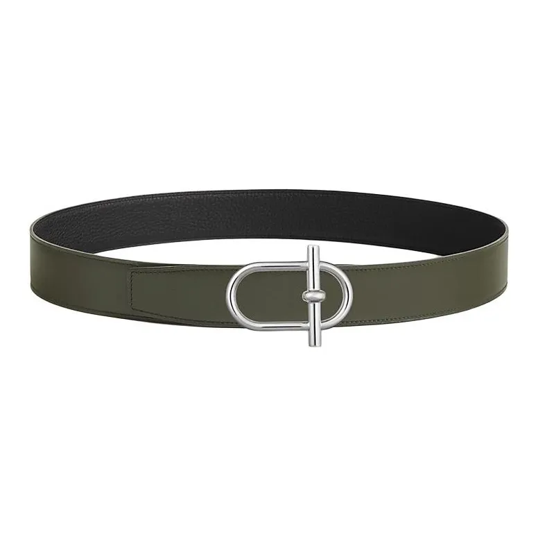 HERMES Palladium Plated Metal With Calfskin Leather Belts Women's Black Width 3.8CM-1