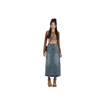 ORIGIN 2025 Summer Frayed Edge Denim Midi Skirt For Women's Women's