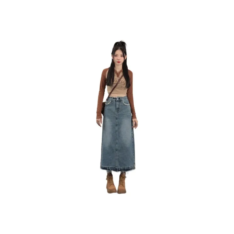 ORIGIN 2025 Summer Frayed Edge Denim Midi Skirt For Women's Women's-0