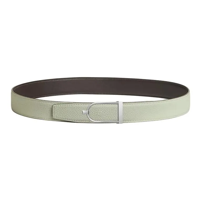 HERMES Palladium Plated Leather Belts Men's Brown Green Width 3.2CM-1