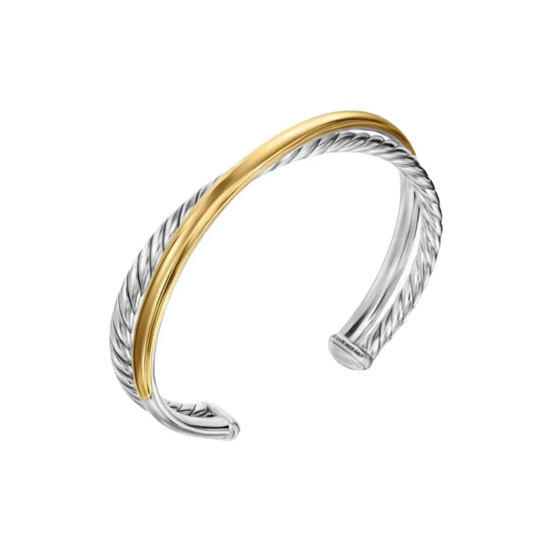 David Yurman 14kt Yellow Gold And Sterling Silver Crossover Two Row Cuff Bracelet 11mm-1