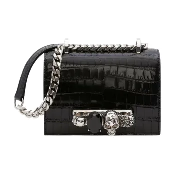 Alexander McQueen Crocodile Embossed Calfskin Handheld Shoulder Bag, Crossbody Bag Mini Women's Black