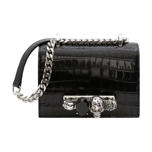 Alexander McQueen Crocodile Embossed Calfskin Handheld Shoulder Bag, Crossbody Bag Mini Women's Black